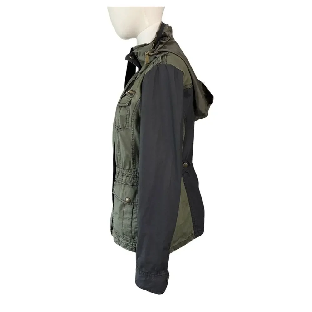 Michael Kors Green Black Utility Jacket Women’s Small Canvas Zip Hooded Casual